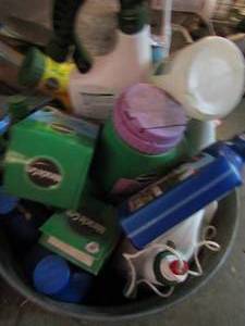 lot 194 image: Large metal tub of miracle grow and various other planting chemicals and growths