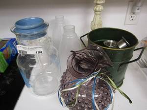 lot 184 image: off white toothbrush holder, purple clear glass bubble vase, candle holder and more