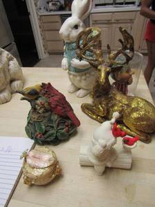 lot 187 image: gold glass deer with antlers, bunny rabbit with basket of eggs , trinket box, birds in a nest and more