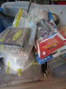 lot 207 image: Various small tub of tools, staples, mask and more