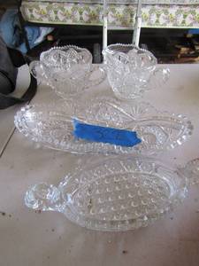 lot 322 image: crystal sugar and creamer set, crystal double handles bowl and a crystal butter dish