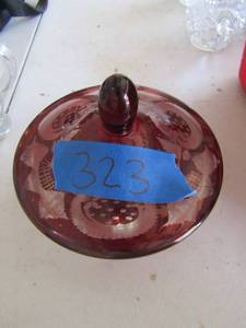 lot 323 image: covered red glass candy dish has deer dcor on it
