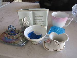 lot 325 image: home dcor lot includes a house blessing bible verse , love and service sign, floral hand painted coffee cup, pink and white coffee cup and more
