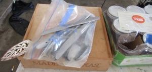 lot 331 image: zip lock bag of silver ware unknown name, empty wooden box , 11 mason jars new in box 1 missing