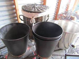 lot 340 image: METAL TRASH CANS,  WICKER TRASHCAN W TOP