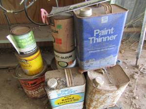 lot 632 image: Various containers of Paint thinner- Linseed oil