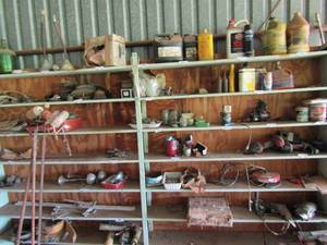 lot 650 image: double work shop shelf 8 shelves per side  , size 6ft11ft, CONTENTS NOT INCLUDED