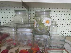 lot 419 image: glass canisters with lids, square glass dishes