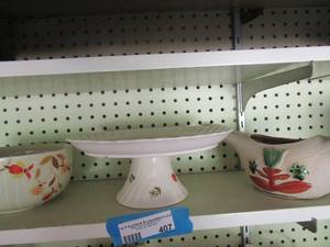 lot 407 image: Halls candy dish- Batries cake stand with plate- dcor bird dish