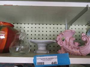 lot 448 image: home dcor lot includes orange and green vase, pink flower boot, covered heart trinket box and more