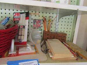 lot 454 image: red wicker basket with mini jars with lids, command strips, plastic bonder, notepads and more