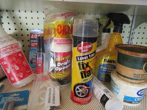 lot 459 image: clean shot drain opener, fix a flat, glass cleaner, dust mask, hand cleaner and more