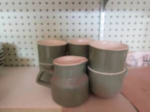 lot 463 image: 6 olive green coffee cups, 1 olive green creamer
