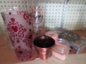 lot 465 image: happy valentines day vase, clear glass vase, red heart vase, candles, 2 fruit design candle holders