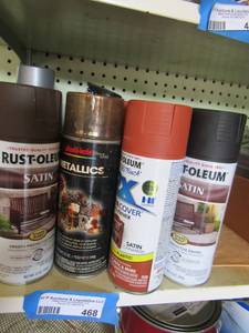 lot 468 image: large lot of rust-oleum stain, rust-oleum ultra cover paint and primer, various other paints