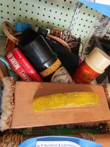 lot 472 image: shoe shining lot includes shoe polish, water and stain protector, mink oil, various brushes an more
