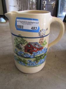 lot 483 image: farm house and windmill painted clay handled pouring pitcher by penny from Marshall pottery