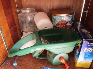 lot 505 image: rid x toilet treatment qty 2, hand held seed spreader, faucet covers and more