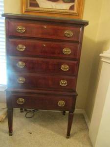 lot 10 image: American Drew Silverware up right storage 5 drawers with keys, 2 drawers have silverware organizers size - 43x25x17