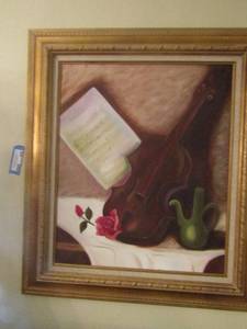 lot 308 image: 31 12x 27 12 framed painting of music sheet and violin by sybles ball 81