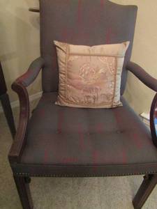 lot 312 image: Arm chairs fabric is green with maroon strip hammered or tapped seemed design qty 2