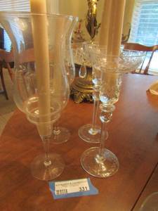 lot 331 image: candle stand with etched chimney 12 in tall qty 2, 2 crystal candle holder qty 2 10 inches tall with 4 extra candles