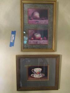 lot 334 image: 15 x 13 framed tea cup photo by Barbara mock, 17x12 framed fruit photo