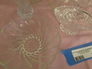 lot 342 image: Covered candy crystal dish, etched dome cheese server, mini bud vase 2 12, red byrd mint piece, 4 press glass bowl