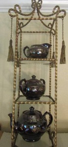 lot 346 image: 3 tier glass metal stand with a creamer dish, sugar, tea pot, size 2466
