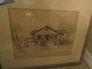 lot 349 image: 18 x 21 framed drawing of a farm house by Bruce Nasko 67