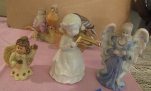 lot 352 image: glass angel playing violin, blue ceramic angel, ceramic birds finchs