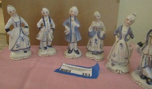 lot 353 image: Victorian figurines 3 women, 3 men all 5 inches looks to be dancing