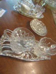 lot 365 image: creamer  and sugar set, 2 crystal cups, salt and pepper shakers, 2 crystal trays and more