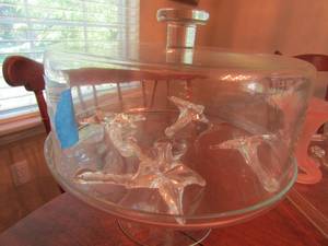 lot 366 image: clear glass cake plate W COVER  with glass flowers inside qty 4