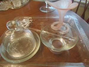 lot 367 image: pink frosted glass flower , martini mixer, covered dome dish, clear glass platter and more