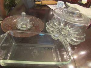 lot 373 image: fire - king 1 qt glass bread dish, egg plate, pink floral dcor plate, and more