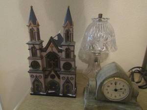 lot 45 image: table top clock, porcelain church light house, 12 in glass lamp