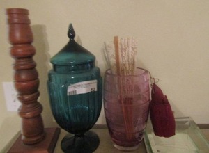 lot 50 image: wooden candle stand, covered green candy dish or table dcor, pink vase and more