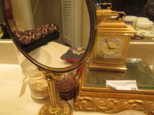 lot 58 image: 4 soap dishes, tooth brush holder, decorative egg, mirror on stand, and more