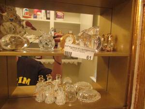 lot 61 image: glass bunnies, glass snowman, small clock and a crystal rooster and more