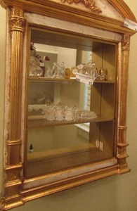 lot 62 image: 3 tier glass wooden shelf has glass backdrop. Contents not included