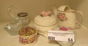 lot 64 image: trinket lot, glass swan, 2 trinket boxes, and more