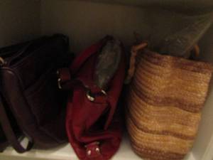 lot 91 image: qty 4 purses wicker purse, red purse by tignanello, brown purse  by partners Mervyns genuine leather