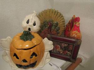 lot 96 image: ghost holding a pumpkin ceramic piece, porcelain turkey, ceramic chicken and more