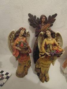lot 97 image: qty 2 roman 2009 wooden angels, metal angel with leaf design wings