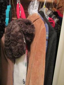 lot 107 image: various scarfs, leather jacket xl, Evan Davis red leather jacket size 10
