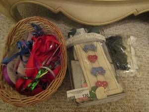 lot 130 image: wicker basket with ribbon and string, things to make bow ties and more