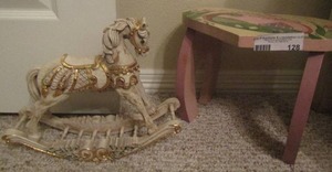 lot 128 image: carved wooden unicorn rocker, Fram house painted stool