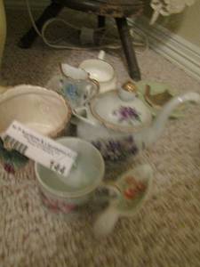 lot 144 image: ucagco purple flower handled creamer, fits and Floyd 1990 bowl, crown Dorset sugar dish and more