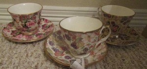 lot 147 image: golden crown tea cup with plate, heirloom tea cup with plate, royal patrician tea cup and plate